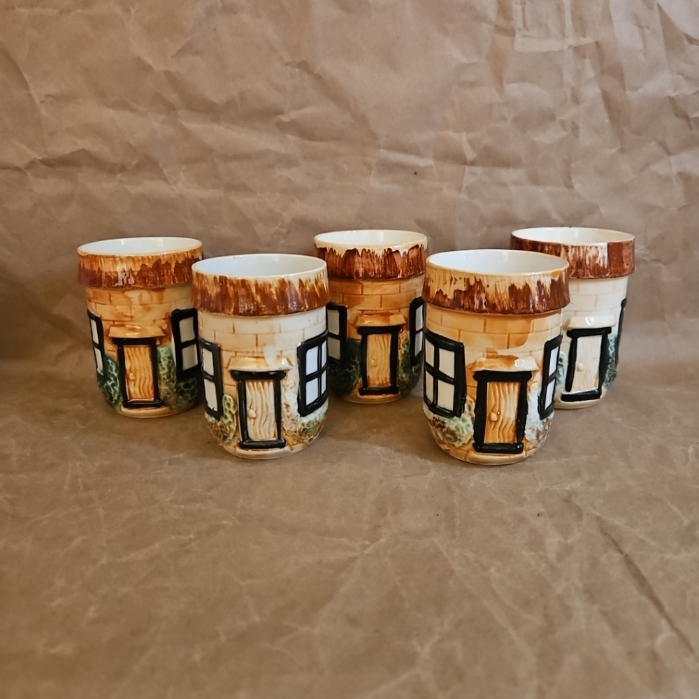 Vintage Cottage House Cup Made In Japan 3 1/2 Inches Tall Set Of 5
